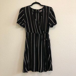 Black and White Striped Mini Dress with Side Tie Detail